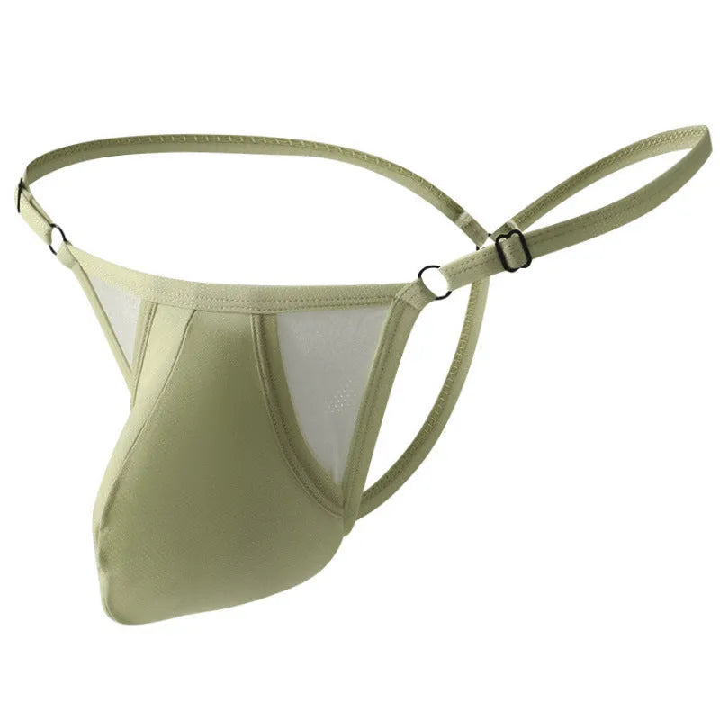 Men's ice silk T-back panties with adjustable thin straps in geometric pattern design