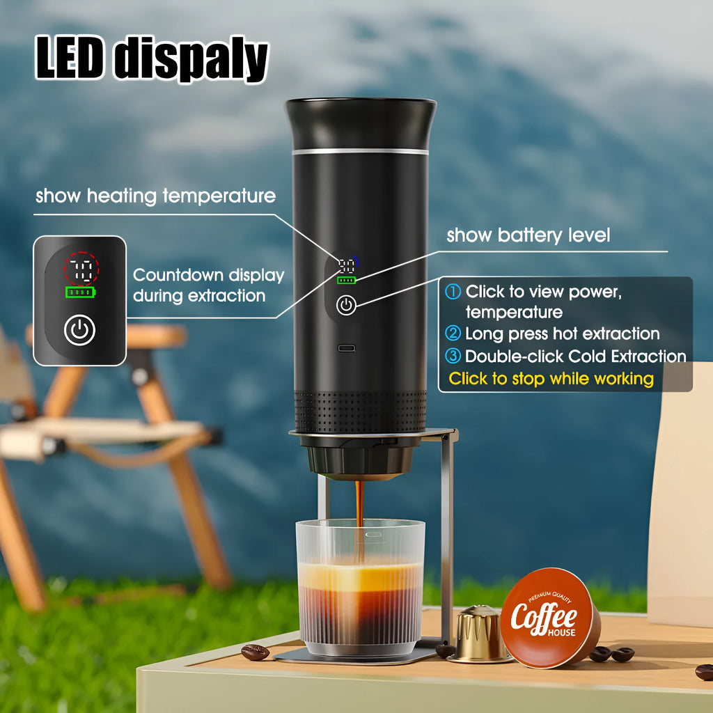 Black portable electric capsule coffee machine with LCD display for use in cars and outdoor travel