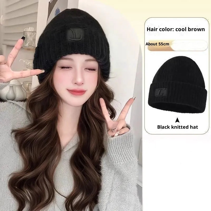 Hat wig for women with integrated cap, large head size, protein filament, big wave style, Brown Black and Cold Brown colours