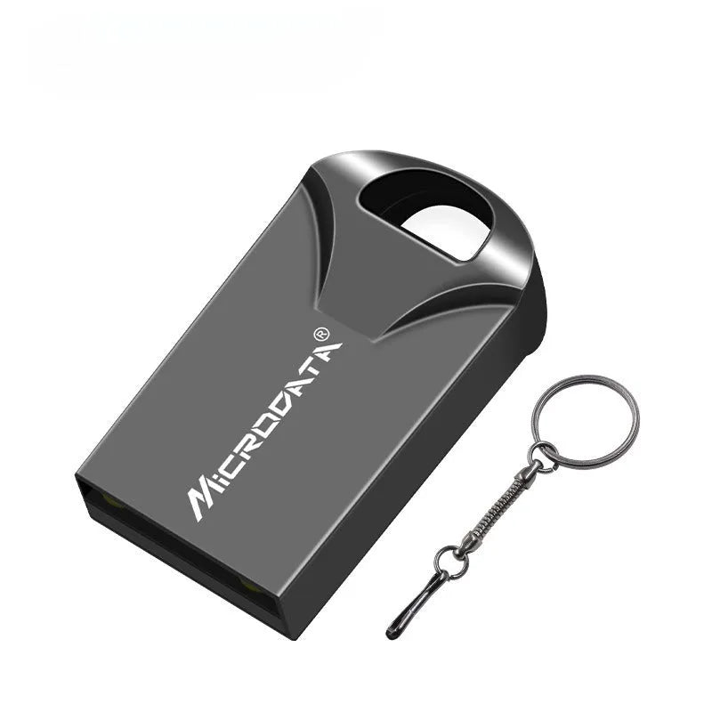 Small metal car-shaped USB drive on a necklace chain, showing USB connector.