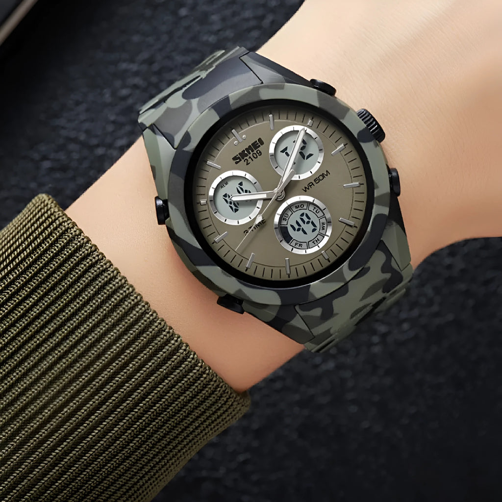 Unisex digital casual watch with a 50m waterproof rating on a TPU strap, shown in an Army Green camouflage colour.