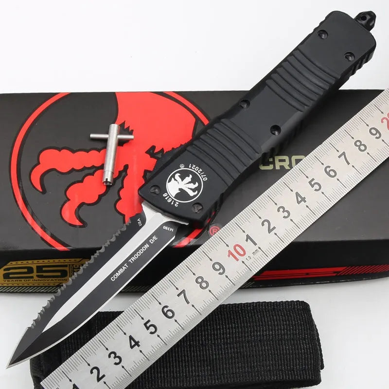 Outdoor camping tactical folding knife with D2 steel blade, black wire-drawn finish, and aviation aluminium handle