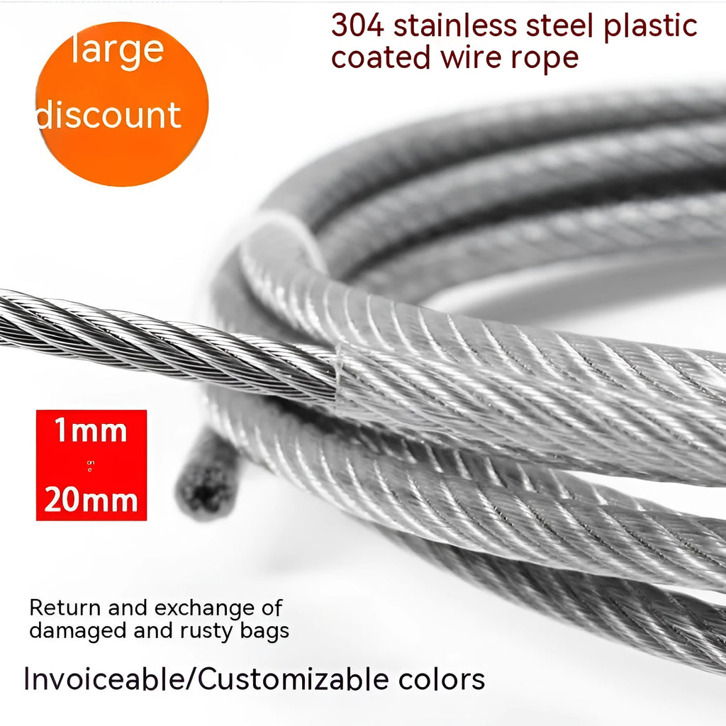 304 stainless steel security wire rope cable on white background showing double twist construction