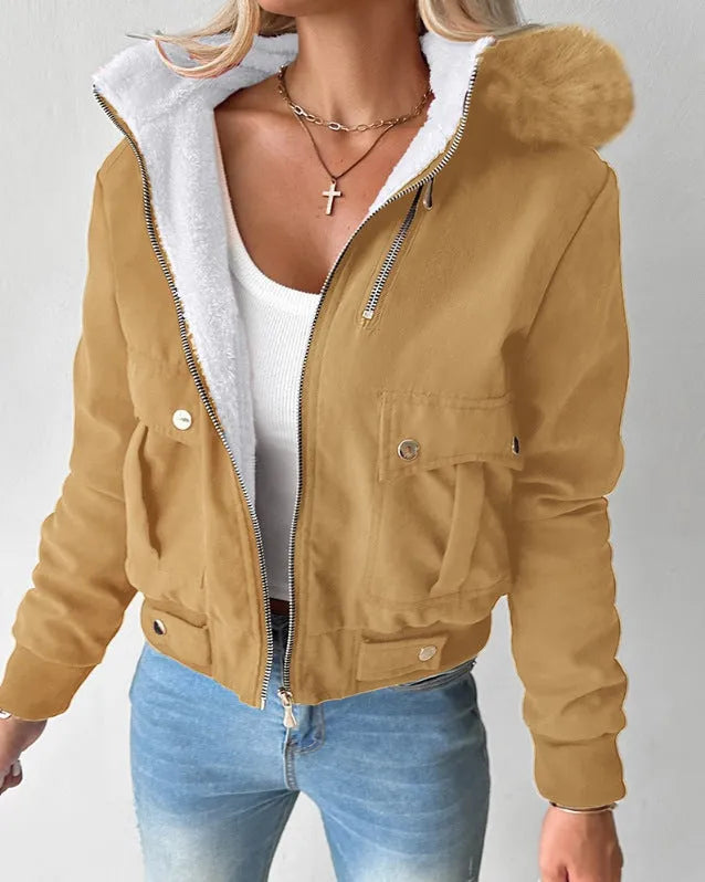 Women's casual hooded jacket with furry lining in Army Green – polyester long sleeve coat front view