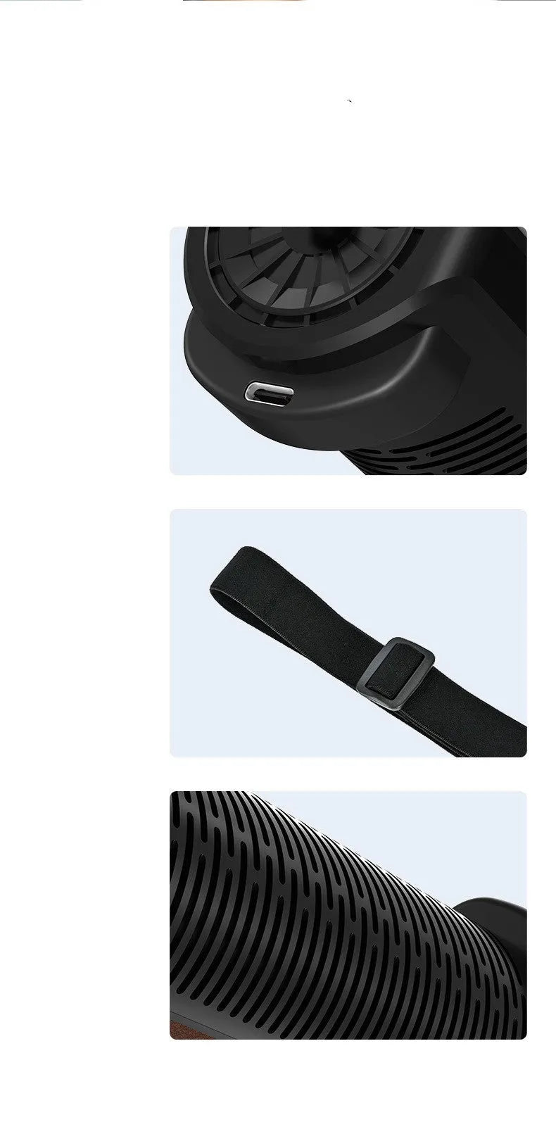 Bladeless car ventilation fan with USB power cord in black, brown and red colour options