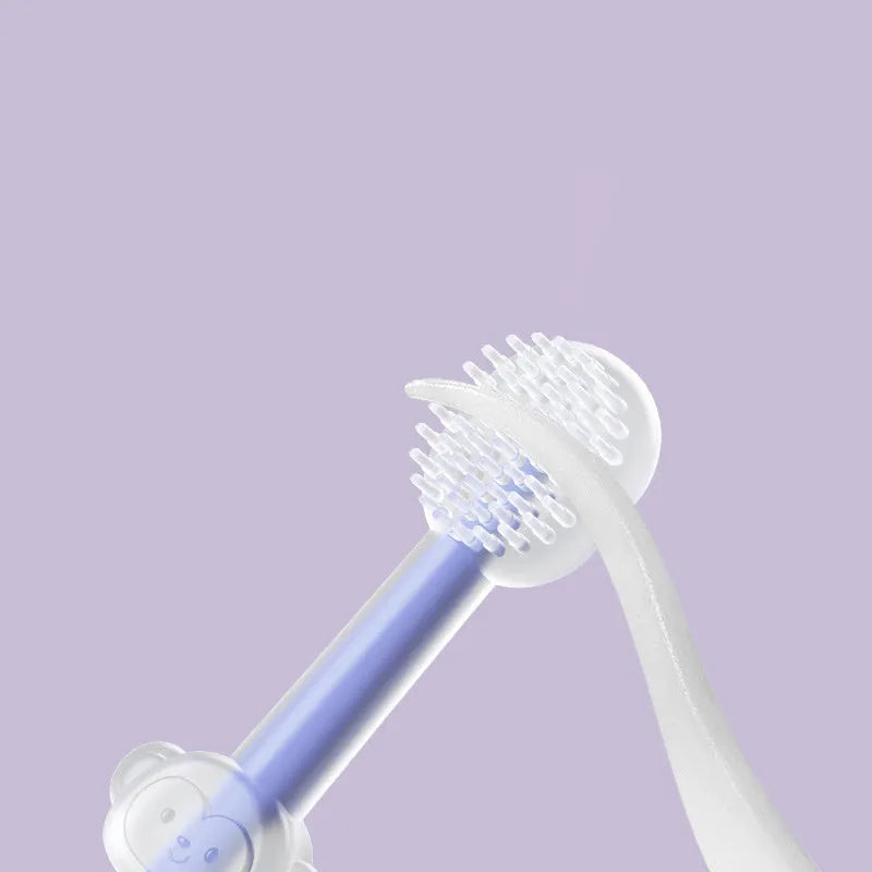 Silicone pet toothbrush for dogs and cats in blue, green, and purple colours on a white background.