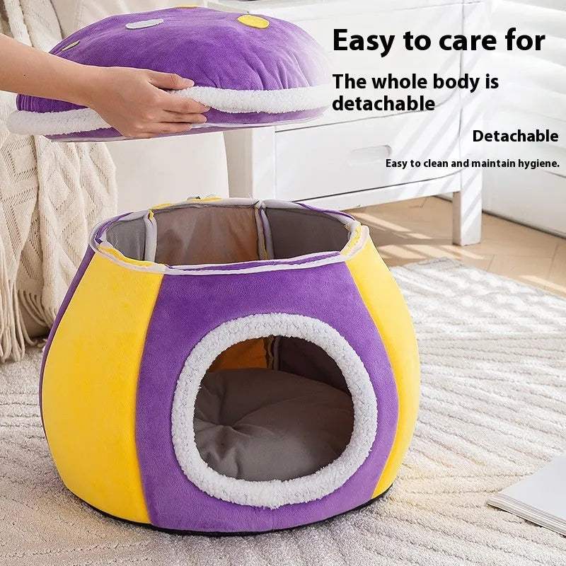 Grey mushroom-shaped plush cat nest with a detachable thermal interior for winter.