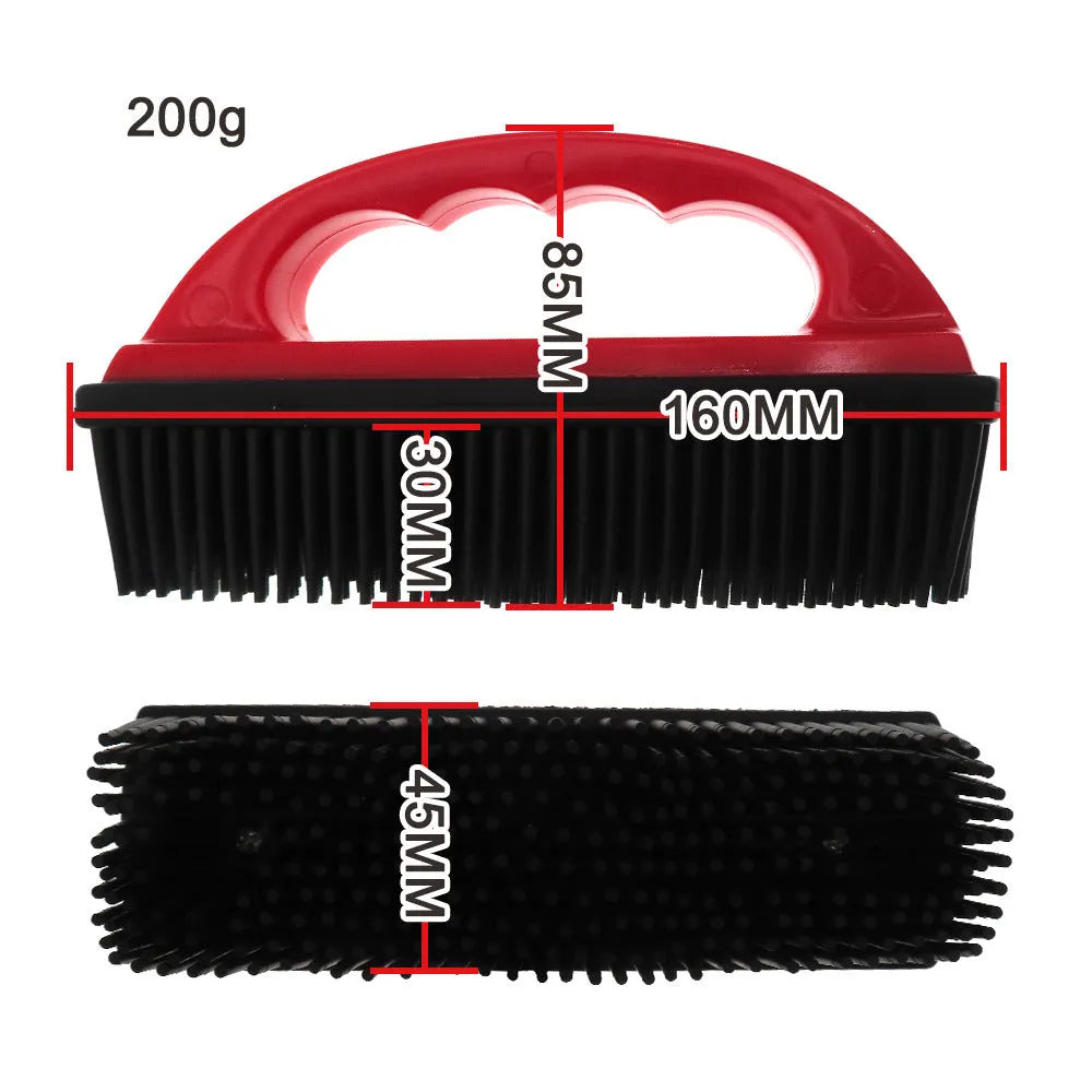 Red handled pet hair removal brush for grooming and cleaning carpets, measuring 160mm by 85mm.