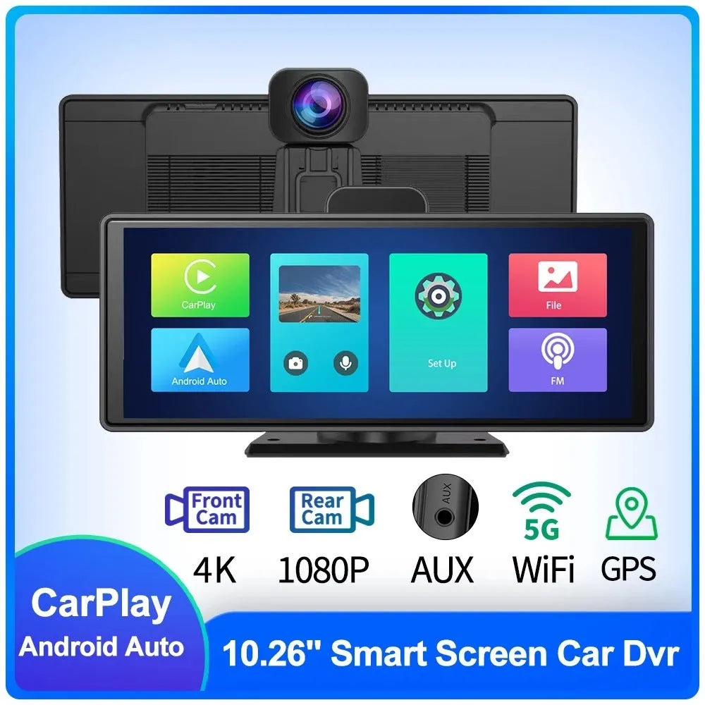 12-inch touch screen car DVR dash cam with front and rear cameras on a black unit