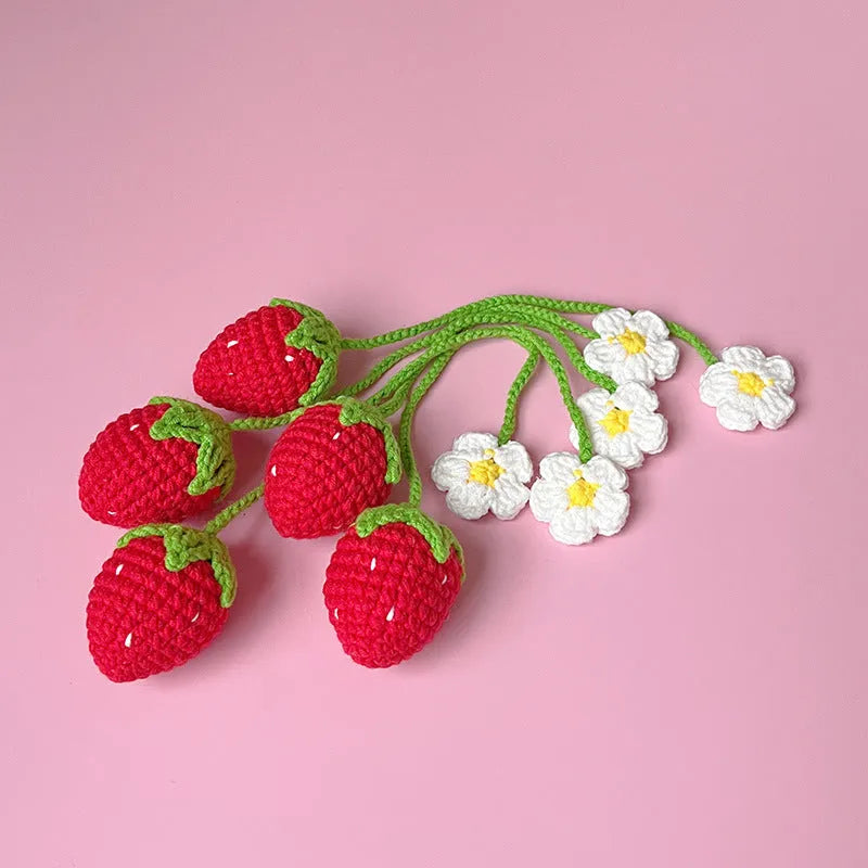 Handmade wool crochet woven strawberry pendant on 35cm cord in pink colour option