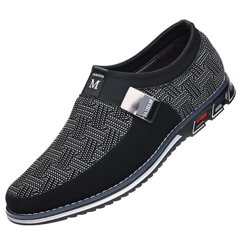 Men's grey and white synthetic leather flat casual shoes with a square toe and rubber sole.