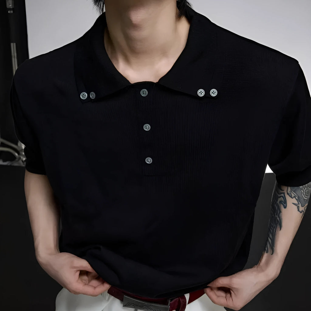 Men's slim knit polyester short sleeve shirt with double collar design in black colour showing fastener decoration detail