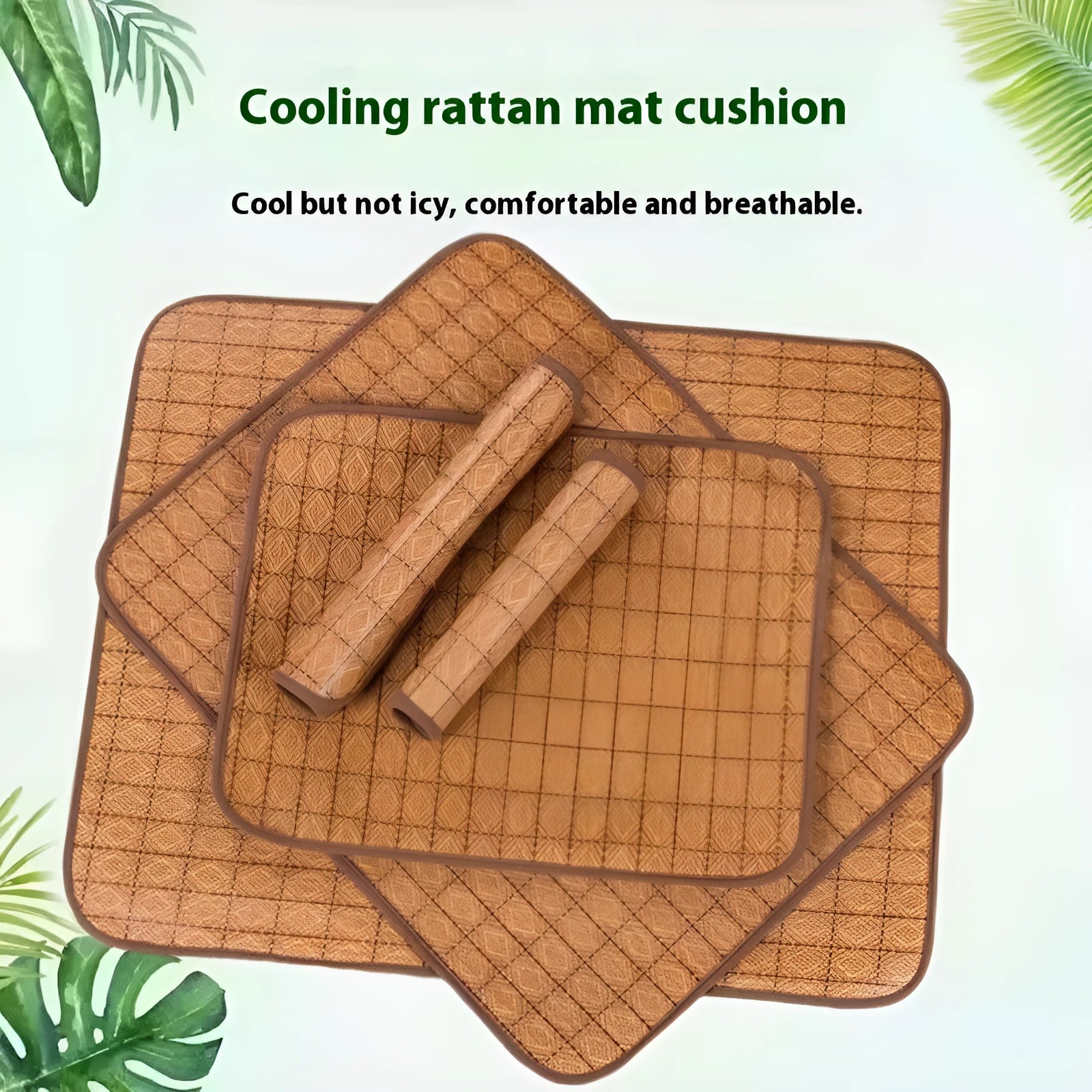Natural brown woven rattan fibre cooling mat for dogs on a wooden floor