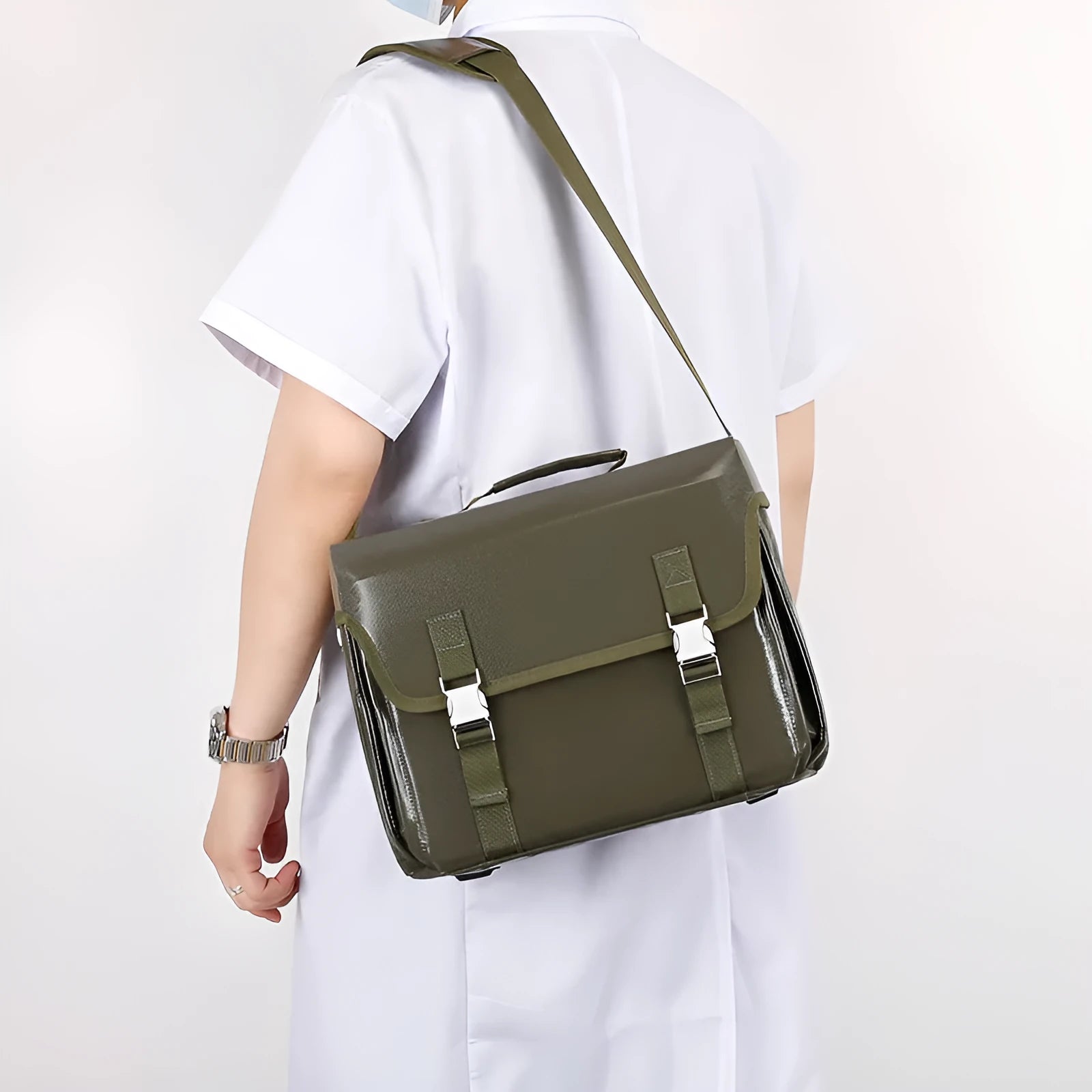 Portable emergency first aid kit backpack in army green with logo, designed for outdoor and home use