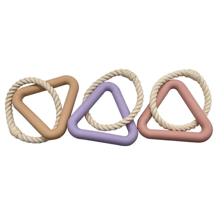 Large triangular cotton rope pull ring pet toy with a long leash in beige, pink, or purple colour options.