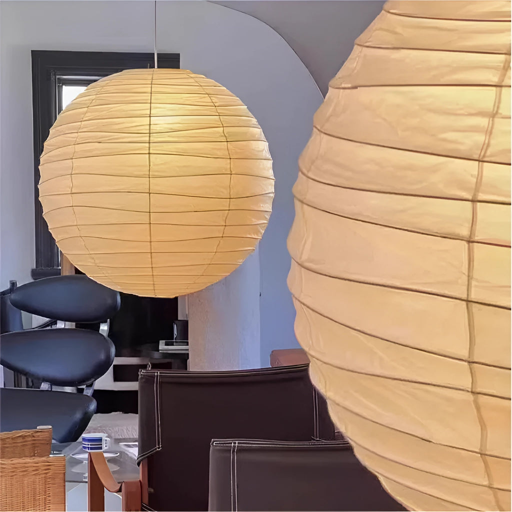 Japanese rice paper chandelier in living room setting showing soft ambient lighting