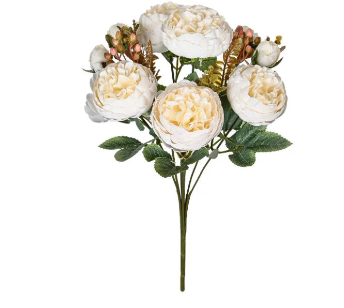 A silk artificial peony flower bouquet in a champagne colour, suitable for wedding or home decoration.