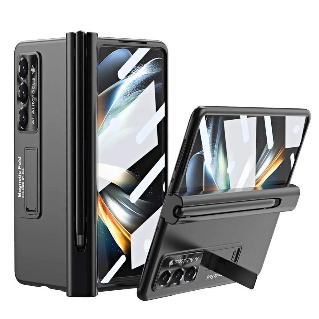 Magnetic suction phone case for Samsung Z Fold5 with hinge cover and bracket in ice lake blue