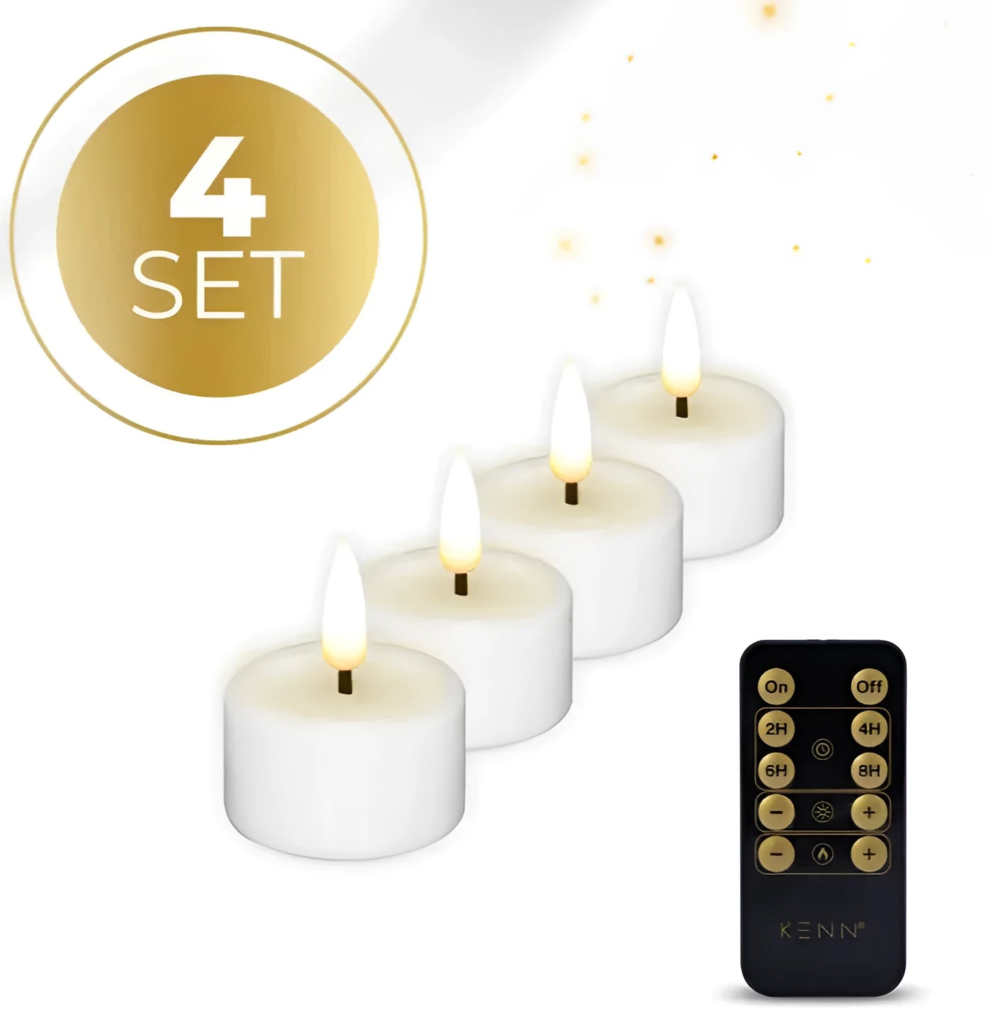 Four white LED flameless tealight candles with flickering flame effect.