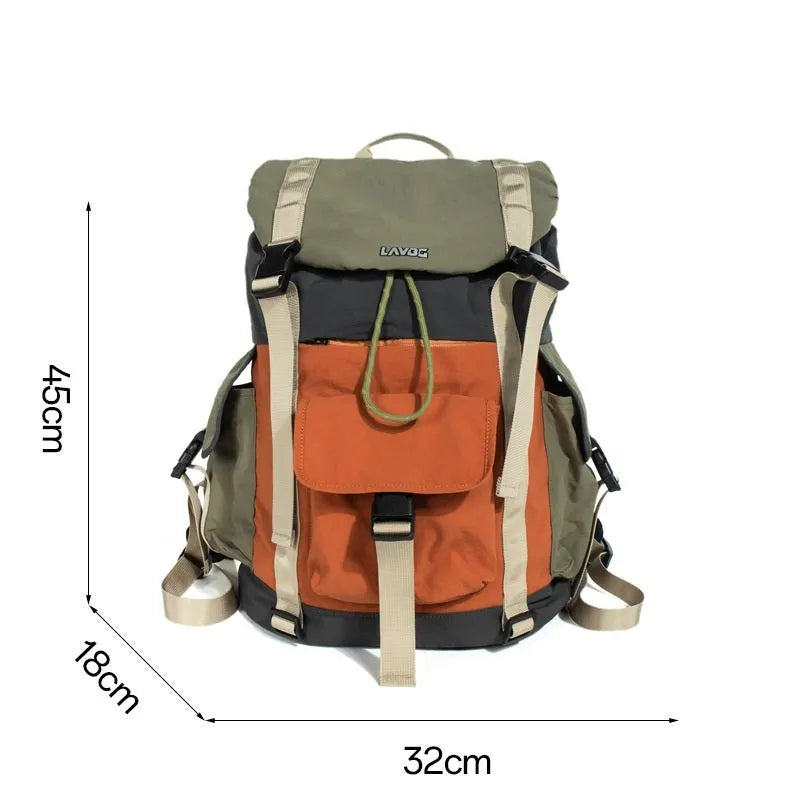 Orange and green outdoor backpack with multiple compartments and air pillow belt system