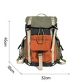 Orange and green outdoor backpack with multiple compartments and air pillow belt system
