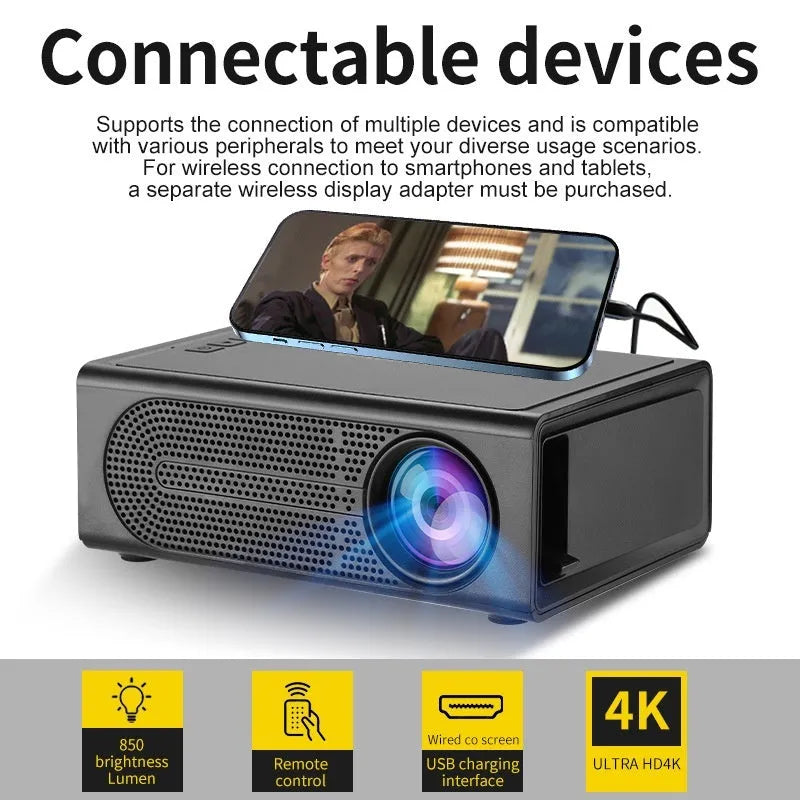 Black and white portable mini projector with wired mobile phone connectivity and 320x240 resolution display