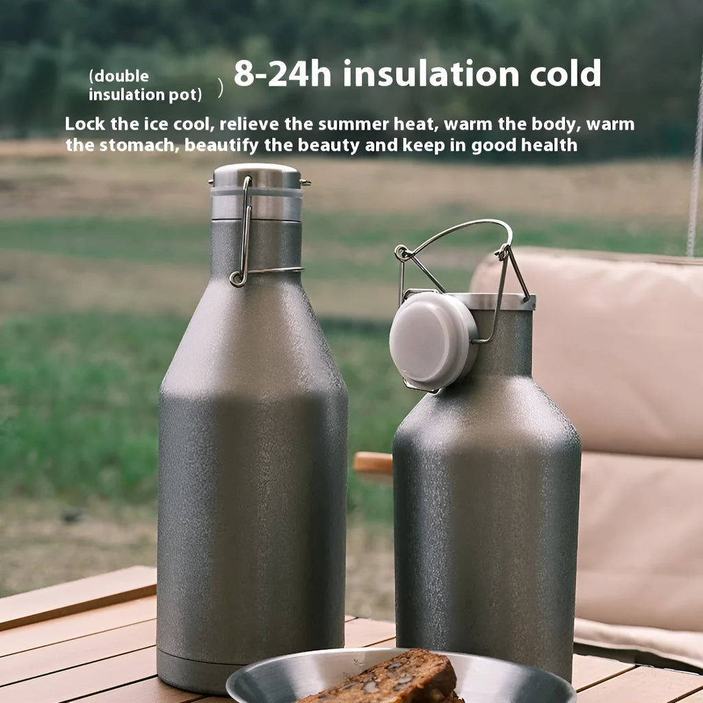 Stainless steel outdoor thermal pot with carrying handle, available in single or double layer insulation options