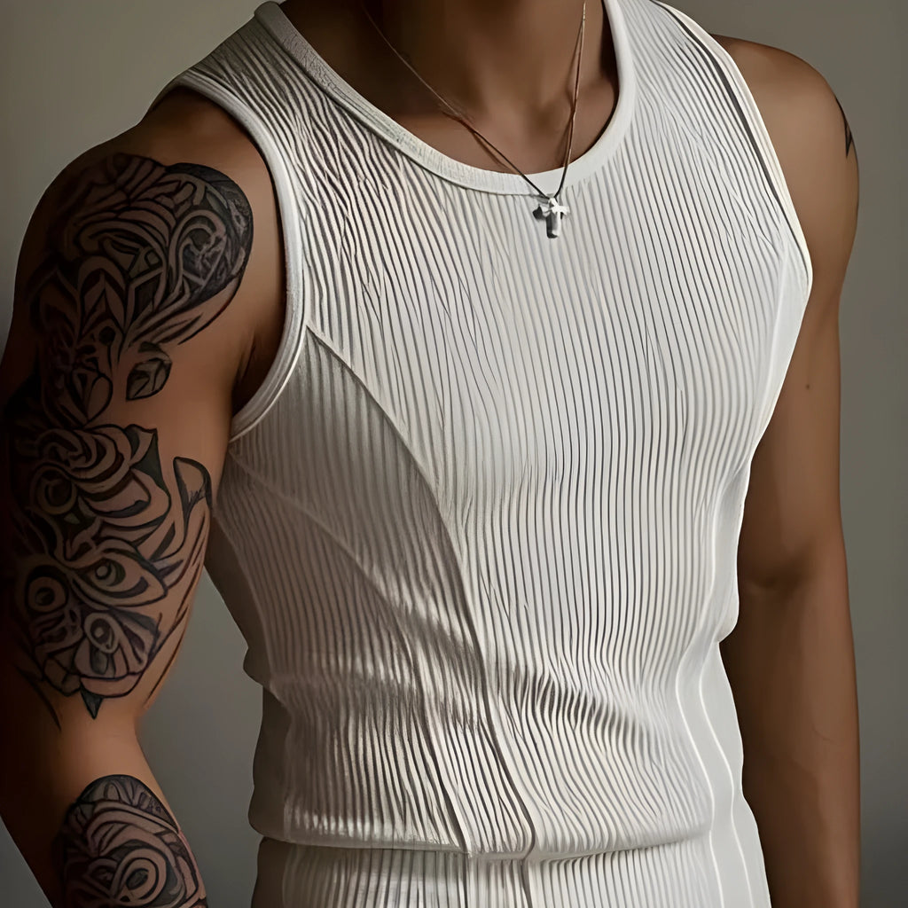 A black men's tight-fitting I-shaped vest tank top for sports, made from polyester.