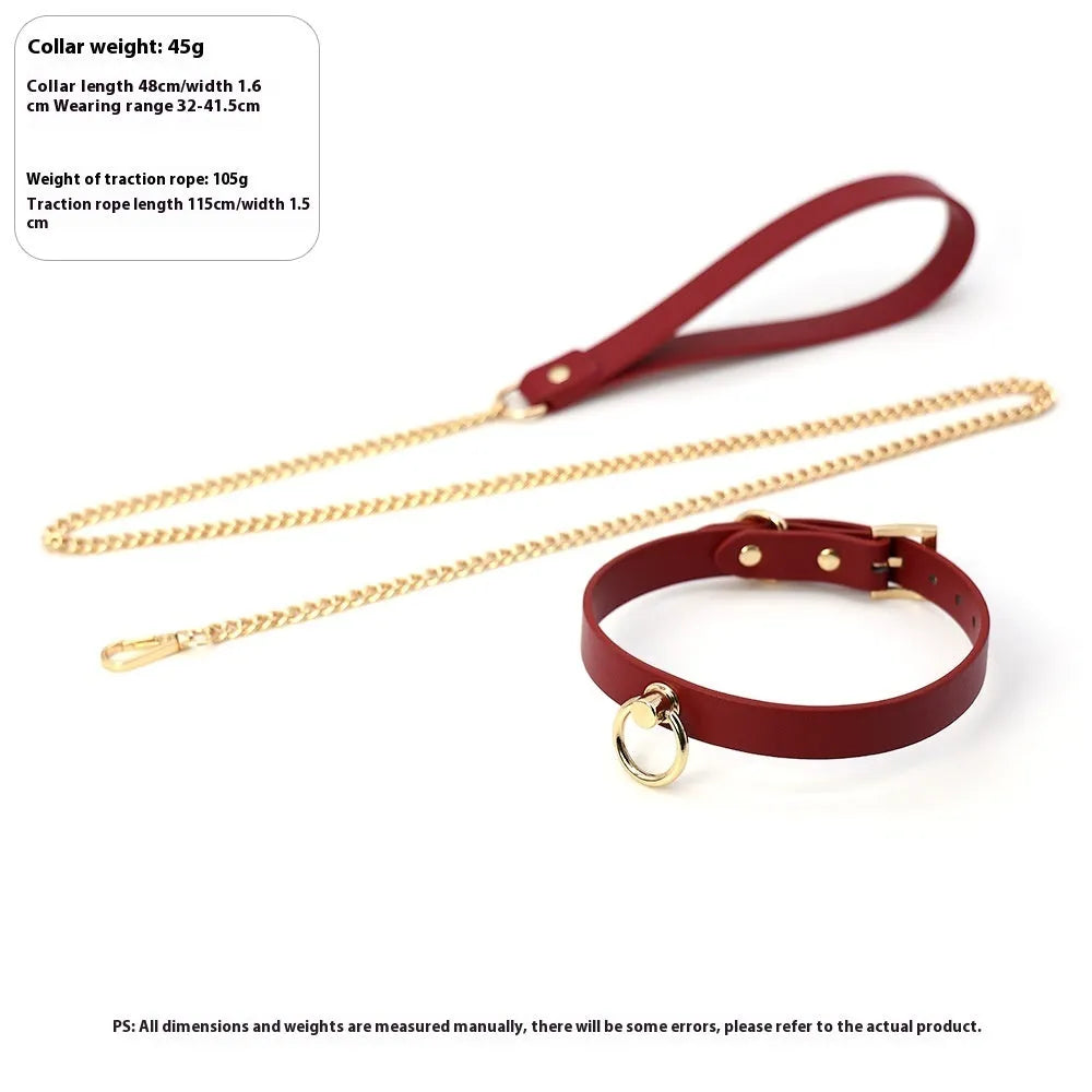 Genuine cowhide leather dog collar with metal chain lead in black, red, and maroon colour options