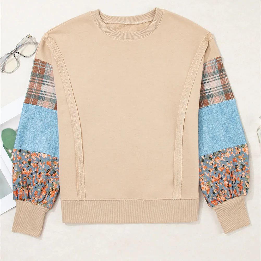 Women's long-sleeved polyester pullover top with plaid stitching pattern in loose fit