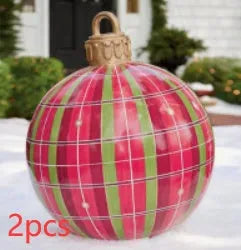 Large red and white striped inflatable PVC Christmas ball ornament with a 60cm diameter.