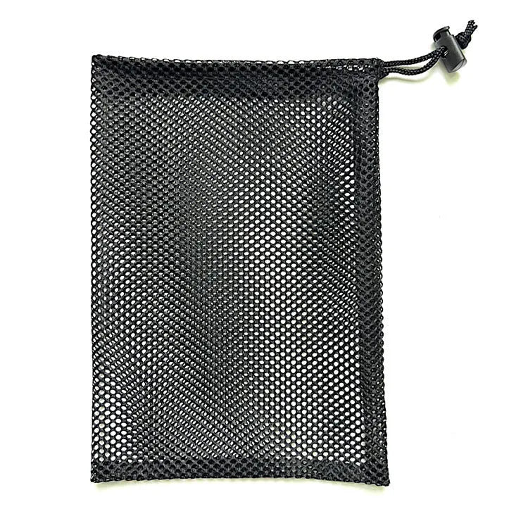 Black mesh drawstring storage bag for water toys in three different sizes.