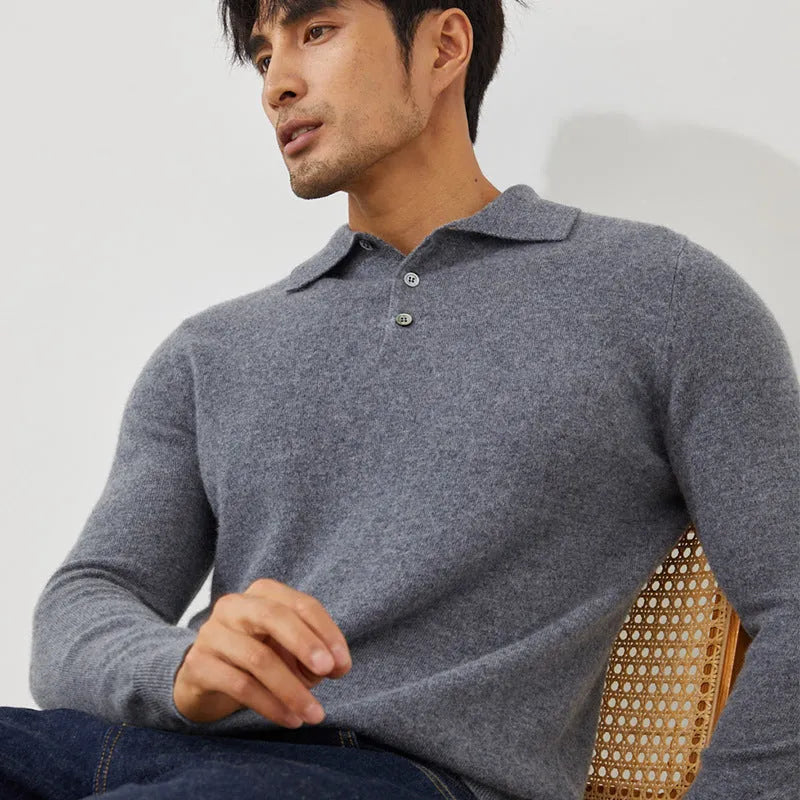 Man wearing a sapphire blue pure cashmere polo collar pullover sweater