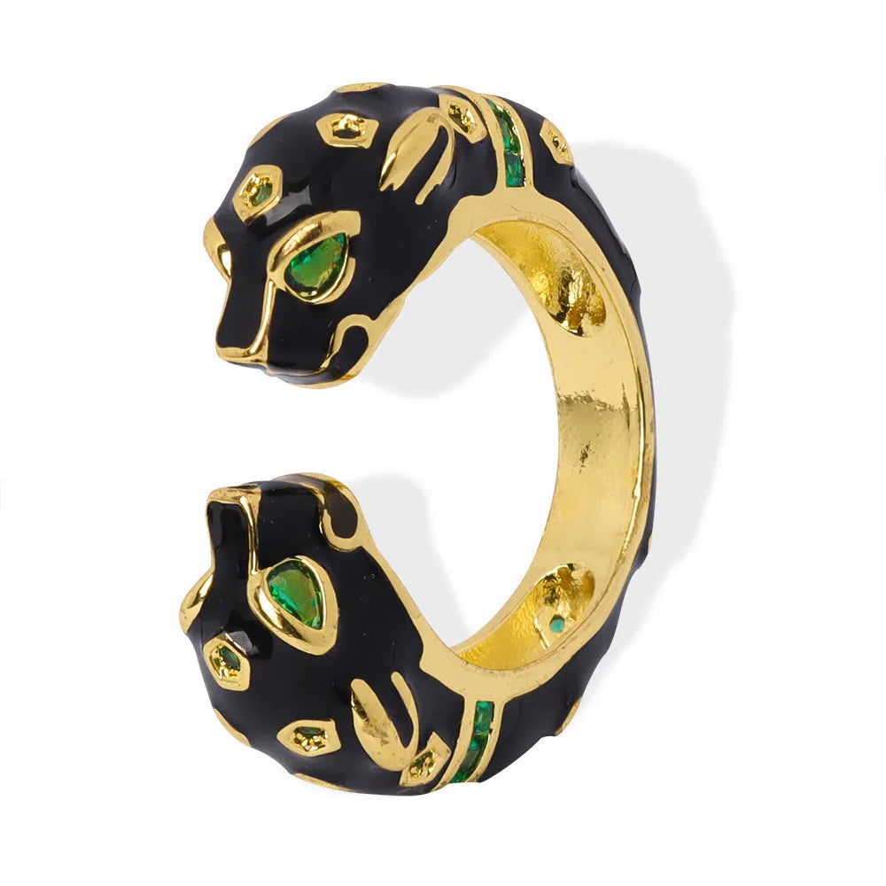 Black cheetah print geometric open ring for women, size 7, electroplated copper construction
