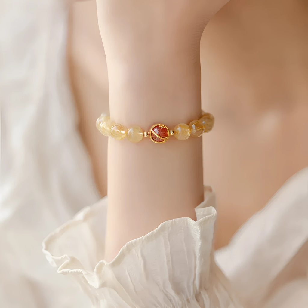 Citrine and gold rutilated quartz crystal bracelet in Korean style with diamond shapes