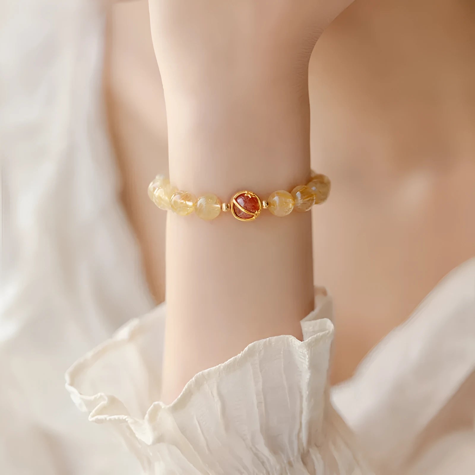 Citrine and gold rutilated quartz crystal bracelet in Korean style with diamond shapes