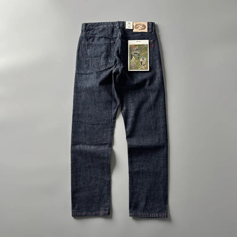 Men's straight leg jeans in primary colour cotton denim with American retro style and mid-waist design