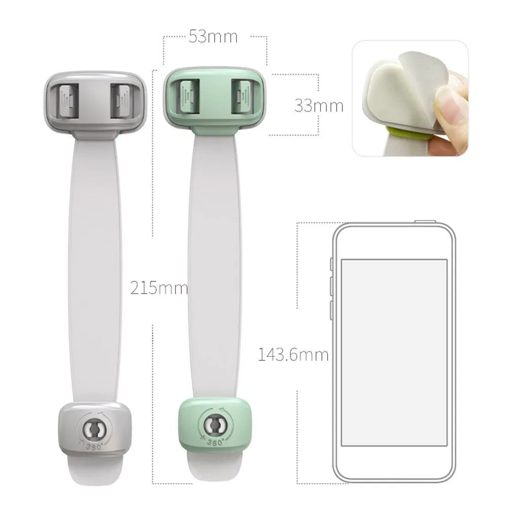 Grey and green adjustable strap child safety locks for cabinets and drawers with adhesive backing.