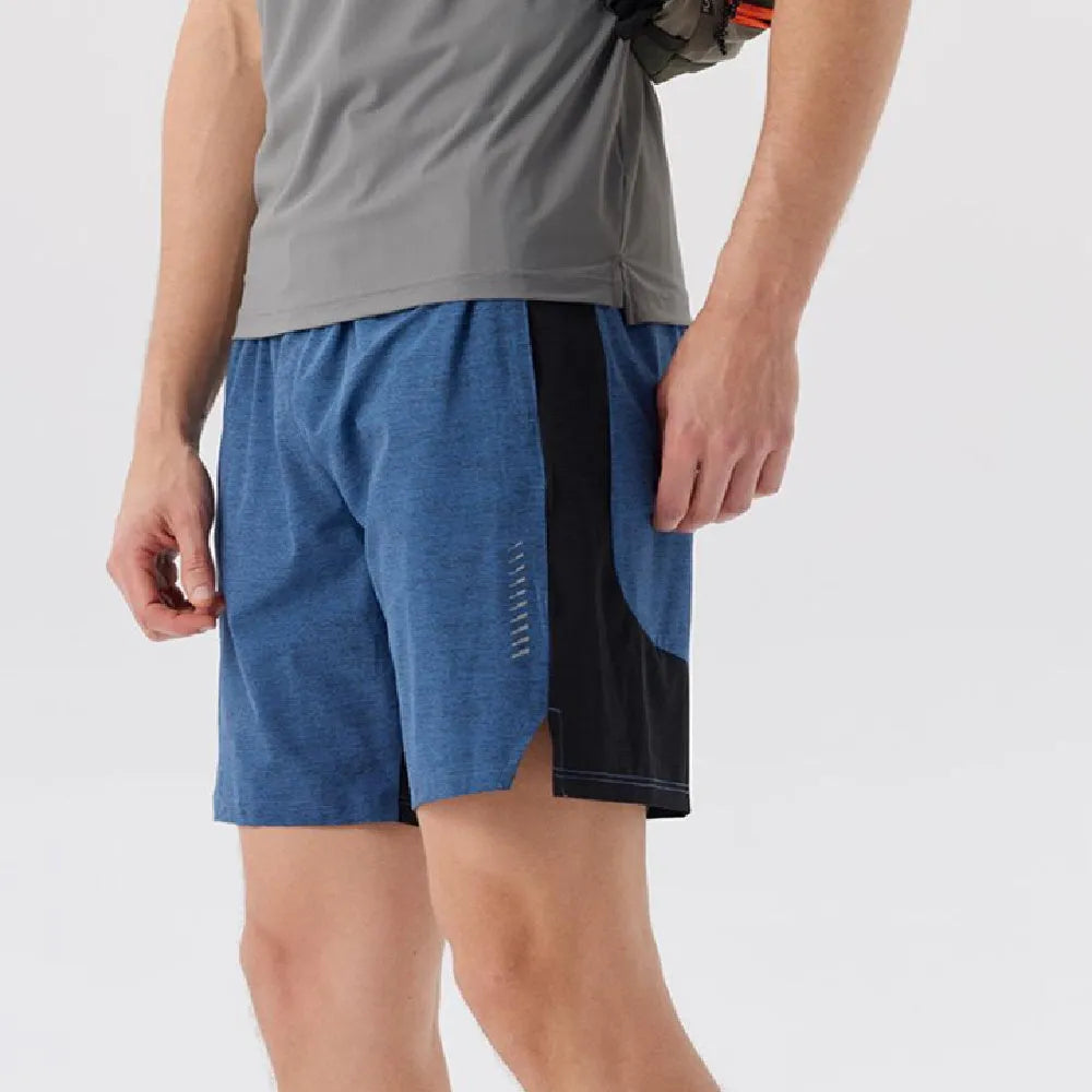 Men's forest green five-point stretch shorts laid flat.