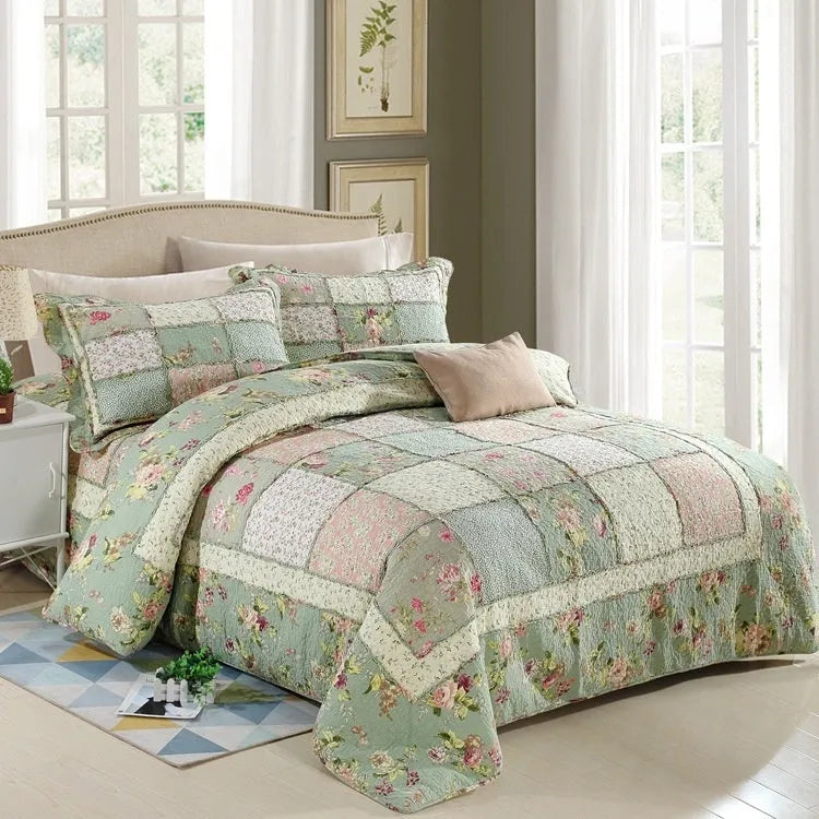 Pure cotton quilted bedspread and two pillowcases set on a bed, showing a Korean style pattern.