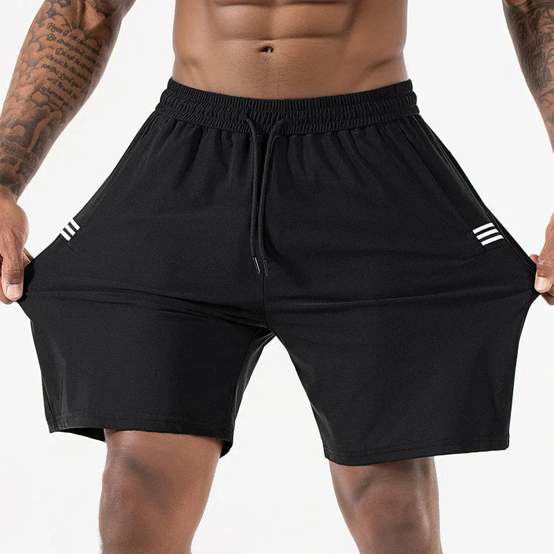 Men's black ice silk sports shorts with a drawstring high waist, shown on a manikin.