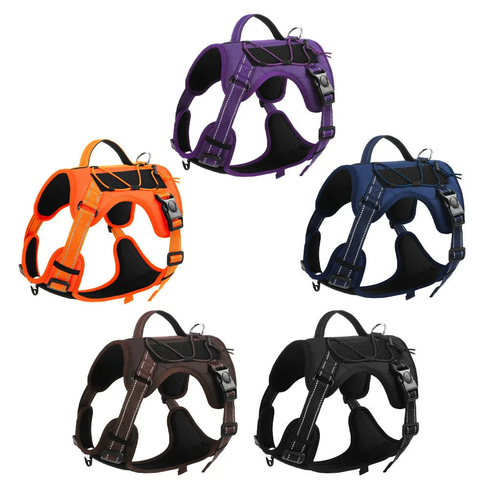 Explosion-proof dog harness with hand-holding rope in multiple colour options including black, brown, and navy blue