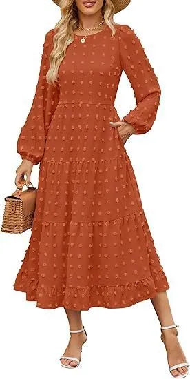 Beige long sleeve casual dress with ruffled sleeves and a high waist on a hanger.