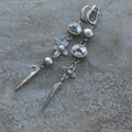 Geometric antique silver pendant earrings with rhinestone accents and long drop design