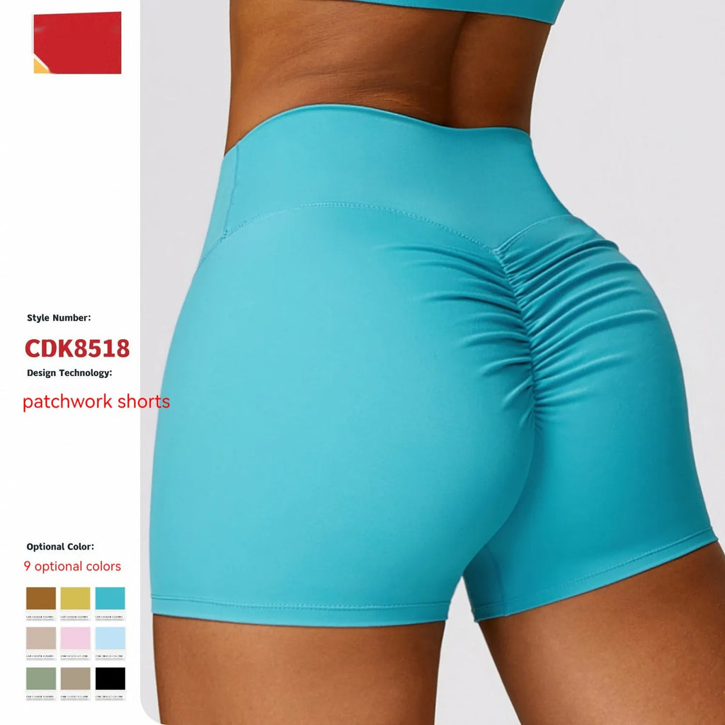Women's high waist yoga shorts in nylon with belly control panel and peach hip lift design.