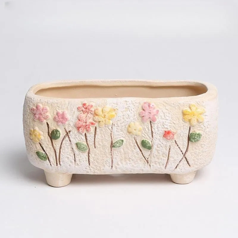 Hand-painted rectangular ceramic succulent pot with floral design, dimensions 13.7x6.2x6.5cm