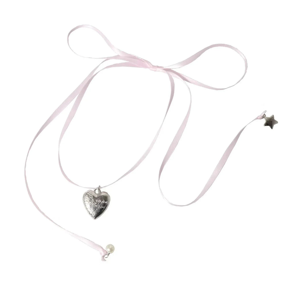 Women's silver-tone alloy necklace with a ribbon-shaped love pendant on a thin chain.