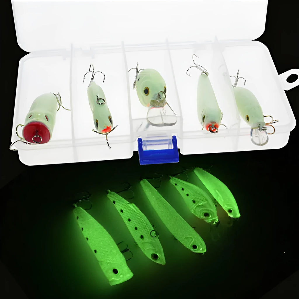 Set of five multi-colour 3D fluorescent hard bait fishing lures with luminous design.