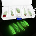 Set of five multi-colour 3D fluorescent hard bait fishing lures with luminous design.