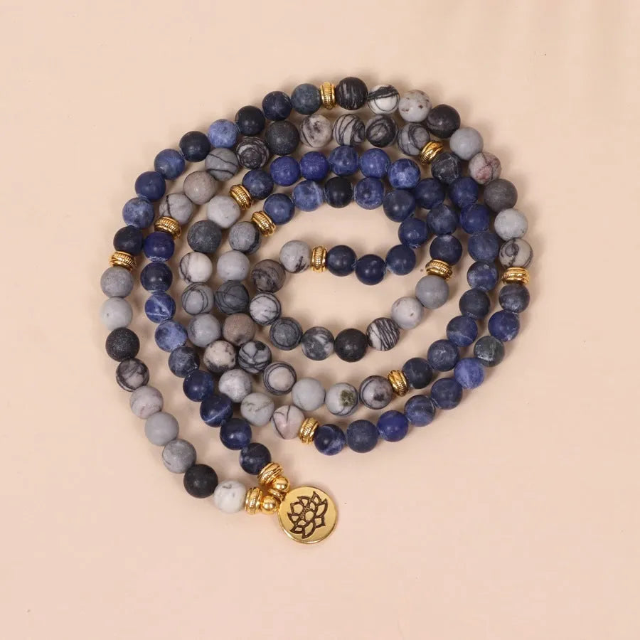 Blue patterned network stone bead multi-layer bracelet with alloy construction and adjustable chain